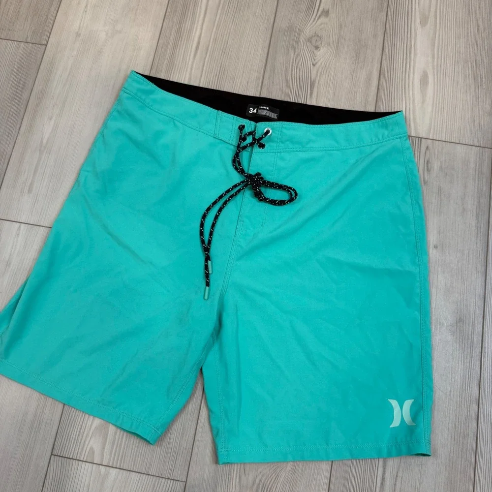 Hurley Mens Board Shorts Size 34 Teal Green Surf Swim Trunks Solid Beachwear